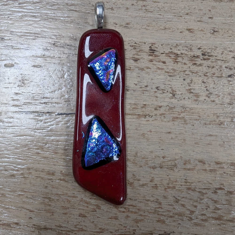 Red Fused Glass Pendant with Blue Accents
